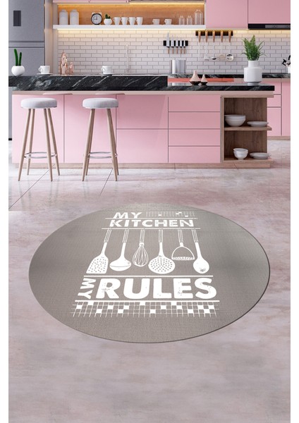 Kitchen Rules Yazılı Kaşık Desen Yıkanabilir Yuvarlak Mutfak Halısı, Y-Mutfak-47-Beyaz, indirimleri