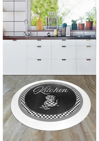 Dijital Kaymaz Taban Yıkanabilir Kitchen Yazılı Yuvarlak Mutfak Halısı, Y-Mutfak-48-Antrasit,