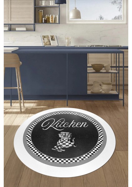 Dijital Kaymaz Taban Yıkanabilir Kitchen Yazılı Yuvarlak Mutfak Halısı, Y-Mutfak-48-Antrasit,