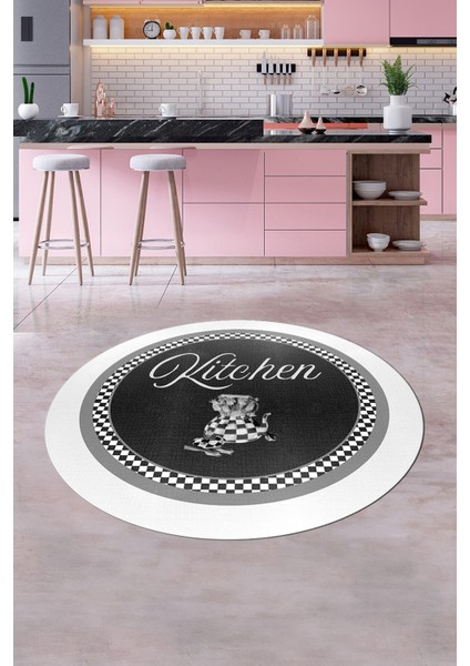 Dijital Kaymaz Taban Yıkanabilir Kitchen Yazılı Yuvarlak Mutfak Halısı, Y-Mutfak-48-Antrasit,