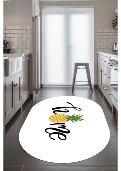 Home Yazılı Ananas Desenli Yıkanabilir Kaymaz Oval Mutfak Halısı, O-Mutfak-31-Beyaz,