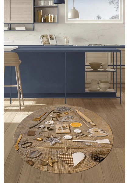 3D Dijital Baskılı Mutfak Eşyaları Motifli Yıkanabilir Yuvarlak Mutfak Halısı, Y-Mutfak-16-Kahve,