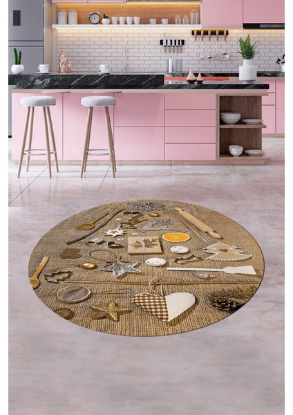 3D Dijital Baskılı Mutfak Eşyaları Motifli Yıkanabilir Yuvarlak Mutfak Halısı, Y-Mutfak-16-Kahve, fiyatları