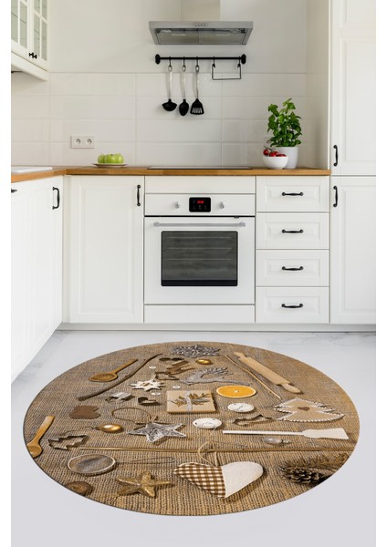 3D Dijital Baskılı Mutfak Eşyaları Motifli Yıkanabilir Yuvarlak Mutfak Halısı, Y-Mutfak-16-Kahve, modelleri