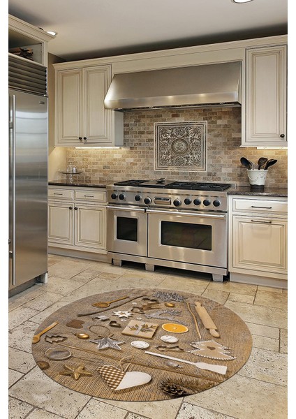 3D Dijital Baskılı Mutfak Eşyaları Motifli Yıkanabilir Yuvarlak Mutfak Halısı, Y-Mutfak-16-Kahve, fırsatları