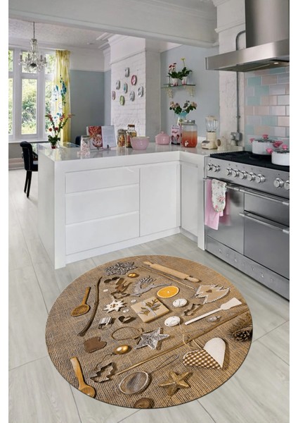 3D Dijital Baskılı Mutfak Eşyaları Motifli Yıkanabilir Yuvarlak Mutfak Halısı, Y-Mutfak-16-Kahve, indirimleri