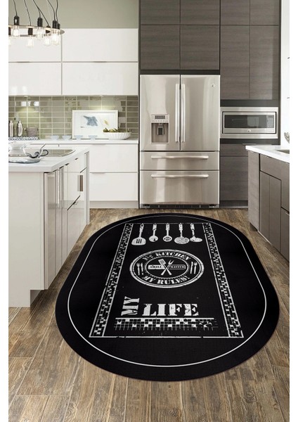 Dijital Baskılı Kaymaz Taban Yıkanabilir Renkli Modern Oval Mutfak Halısı, O-Mutfak-50-Antrasit, modelleri
