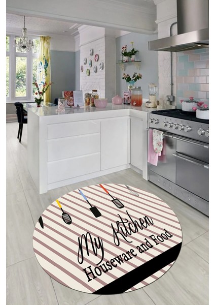 Mutfak Araçları Desenli Yıkanabilir Kaymaz Yuvarlak Mutfak Halısı, Y-Mutfak-32-Siyah-Gri, fiyatları