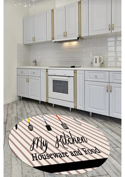 Mutfak Araçları Desenli Yıkanabilir Kaymaz Yuvarlak Mutfak Halısı, Y-Mutfak-32-Siyah-Gri, modelleri