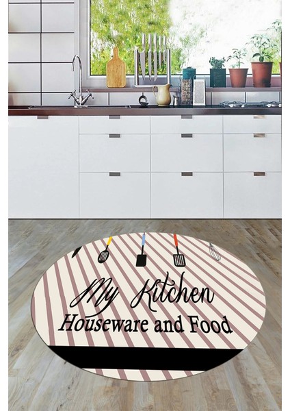 Mutfak Araçları Desenli Yıkanabilir Kaymaz Yuvarlak Mutfak Halısı, Y-Mutfak-32-Siyah-Gri, indirimleri