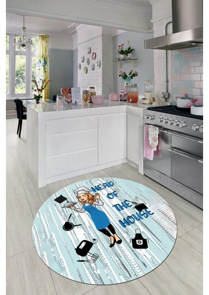 Dijital Baskılı Kaymaz Taban Yıkanabilir Renkli Desenli Yuvarlak Mutfak Halısı, Y-Mutfak-39-Mavi,