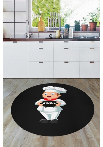 Kitchen Yazılı Aşçı Motifli Kaymaz Taban Yıkanabilir Yuvarlak Mutfak Halısı, Y-Mutfak-05-Antrasit,
