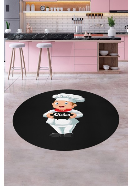 Kitchen Yazılı Aşçı Motifli Kaymaz Taban Yıkanabilir Yuvarlak Mutfak Halısı, Y-Mutfak-05-Antrasit,