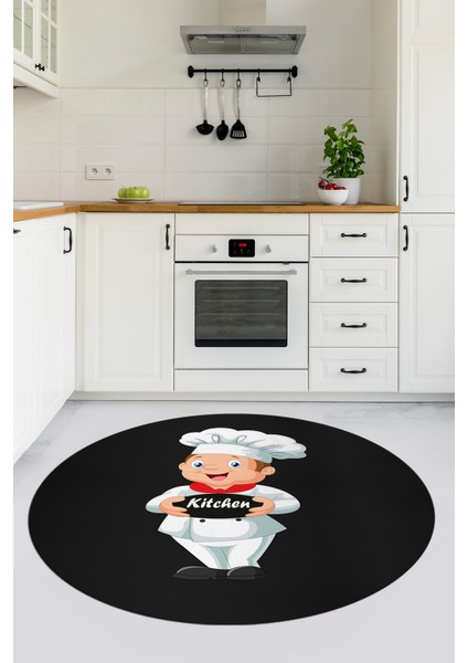Kitchen Yazılı Aşçı Motifli Kaymaz Taban Yıkanabilir Yuvarlak Mutfak Halısı, Y-Mutfak-05-Antrasit,