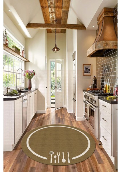 Dijital Baskılı Kaymaz Yıkanabilir Sade Çerçeveli Yuvarlak Mutfak Halısı, Y-Mutfak-06-Kahve,