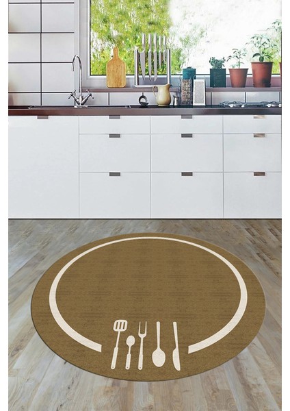 Dijital Baskılı Kaymaz Yıkanabilir Sade Çerçeveli Yuvarlak Mutfak Halısı, Y-Mutfak-06-Kahve, fiyatları