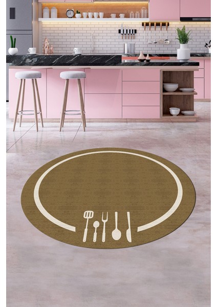Dijital Baskılı Kaymaz Yıkanabilir Sade Çerçeveli Yuvarlak Mutfak Halısı, Y-Mutfak-06-Kahve, fırsatları