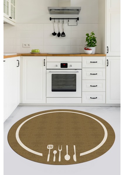 Dijital Baskılı Kaymaz Yıkanabilir Sade Çerçeveli Yuvarlak Mutfak Halısı, Y-Mutfak-06-Kahve, indirimleri