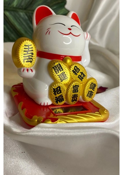 Maneki Neko Feng Shui Bereket Şans Mutluluk Çağıran Şans Kedisi Solar Panelli Hareketli Pati Feng Shui 02