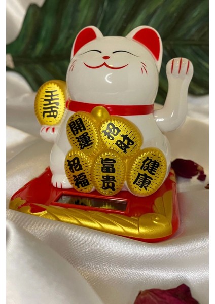 Maneki Neko Feng Shui Bereket Şans Mutluluk Çağıran Şans Kedisi Solar Panelli Hareketli Pati Feng Shui 02