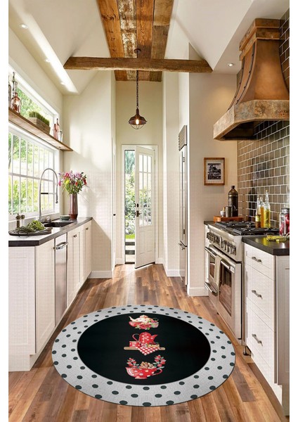 Dijital Yıkanabilir Kaymaz Fincan Çiçek Desenli Yuvarlak Mutfak Halısı, Y-Mutfak-01-Antrasit,