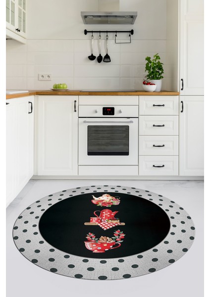 Dijital Yıkanabilir Kaymaz Fincan Çiçek Desenli Yuvarlak Mutfak Halısı, Y-Mutfak-01-Antrasit, indirimleri