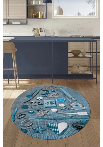 3D Dijital Baskılı Mutfak Eşyaları Motifli Yıkanabilir Yuvarlak Mutfak Halısı, Y-Mutfak-16-Mavi,
