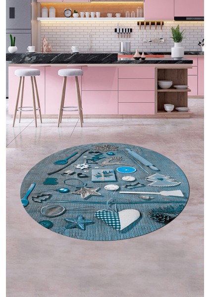 3D Dijital Baskılı Mutfak Eşyaları Motifli Yıkanabilir Yuvarlak Mutfak Halısı, Y-Mutfak-16-Mavi, fiyatları
