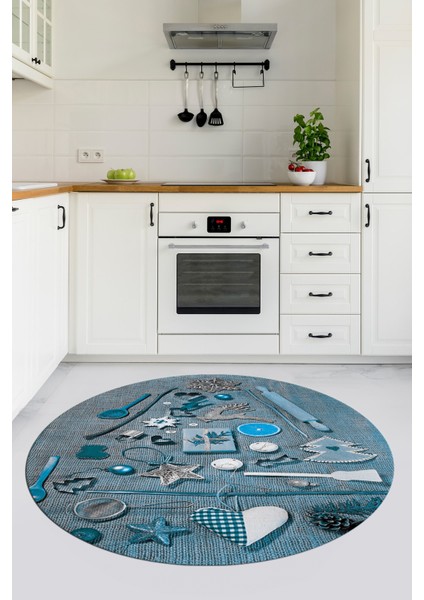 3D Dijital Baskılı Mutfak Eşyaları Motifli Yıkanabilir Yuvarlak Mutfak Halısı, Y-Mutfak-16-Mavi, modelleri
