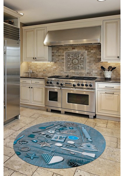 3D Dijital Baskılı Mutfak Eşyaları Motifli Yıkanabilir Yuvarlak Mutfak Halısı, Y-Mutfak-16-Mavi, fırsatları