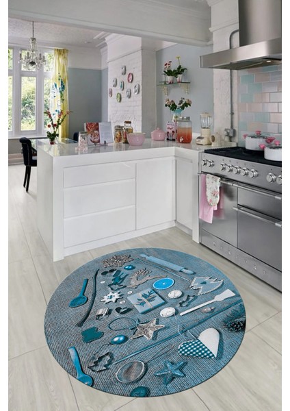 3D Dijital Baskılı Mutfak Eşyaları Motifli Yıkanabilir Yuvarlak Mutfak Halısı, Y-Mutfak-16-Mavi, indirimleri