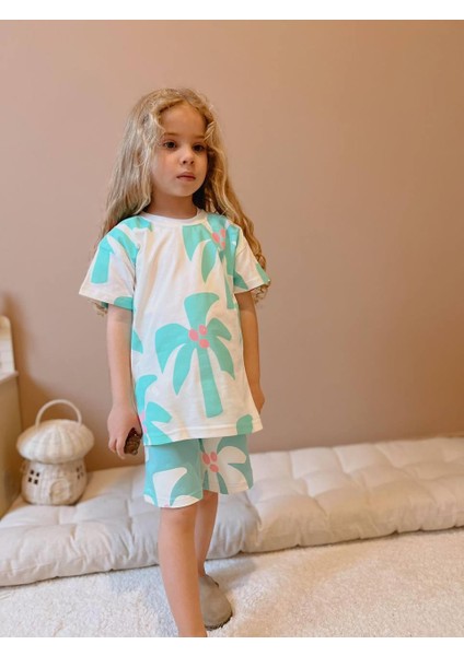 Yigit Butik Palmiye Baskılı Şortlu Kız Çocuk Takım