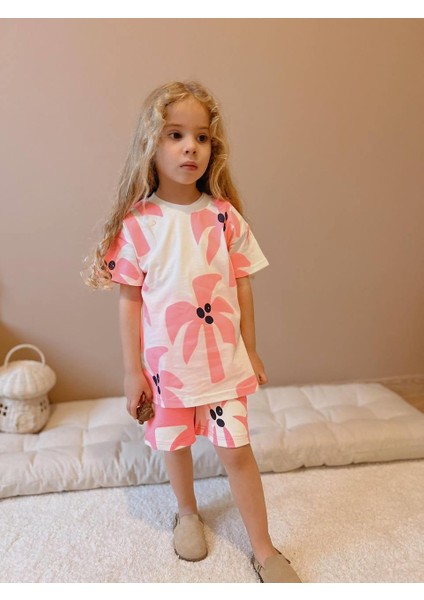 Yigit Butik Palmiye Baskılı Şortlu Kız Çocuk Takım