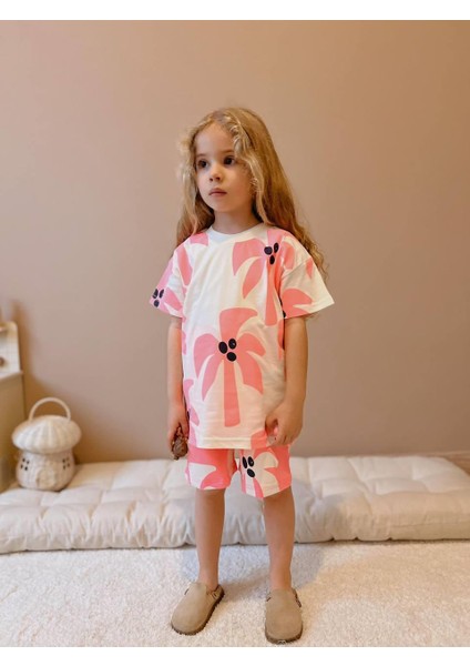 Yigit Butik Palmiye Baskılı Şortlu Kız Çocuk Takım