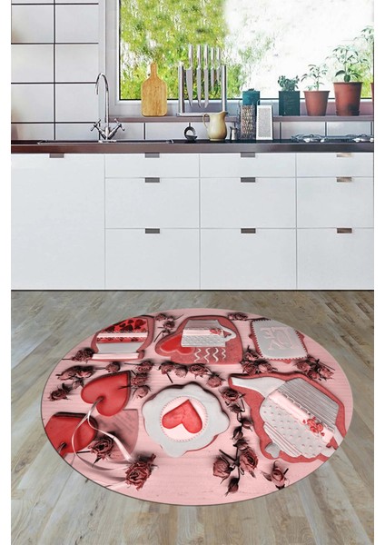 3D Kalp Fincan Motifli Kaymaz Yıkanabilir Modern Yuvarlak Mutfak Halısı, Y-Mutfak-34-Kırmızı, indirimleri