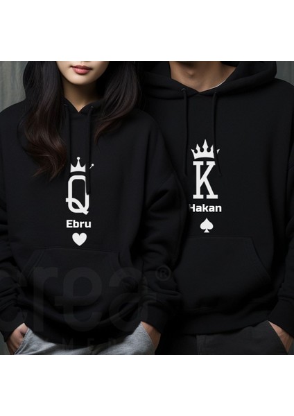 Crea Eymer Wear Sevgililer Günü Çift Kombini Isime Özel King Queen Baskılı 3 Iplik Siyah Sevgililer Günü Sweatshirt