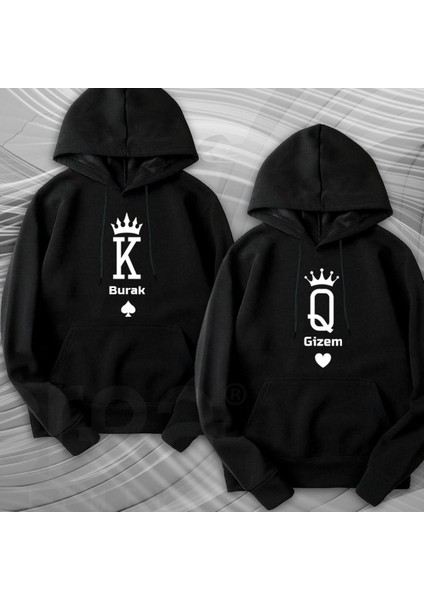 Crea Eymer Wear Sevgililer Günü Çift Kombini Isime Özel King Queen Baskılı 3 Iplik Siyah Sevgililer Günü Sweatshirt