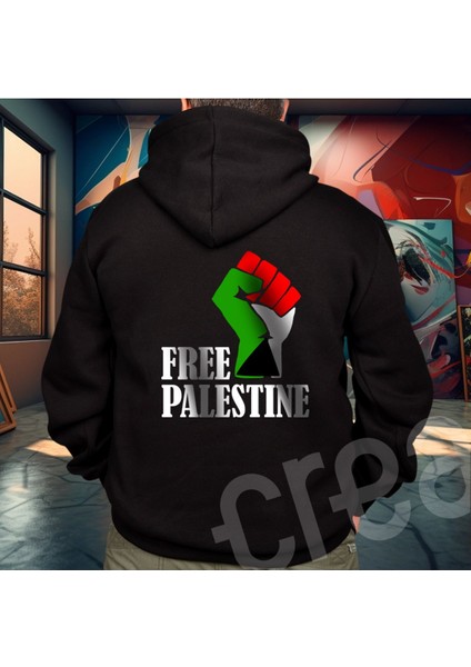 Crea Eymer Wear Filistin Özgür Tasarım Baskılı Oversize Hoodie Sweatshirt Siyah