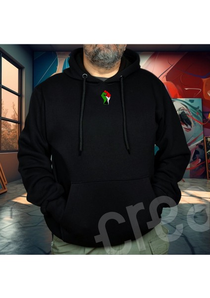 Crea Eymer Wear Filistin Özgür Tasarım Baskılı Oversize Hoodie Sweatshirt Siyah