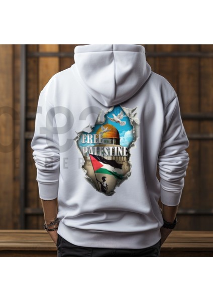 Crea Eymer Wear Filistin Özgür Tasarım Baskılı Oversize Hoodie Sweatshirt Gri