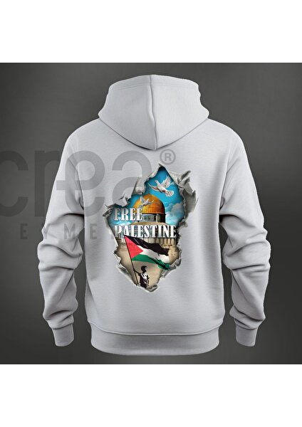 Crea Eymer Wear Filistin Özgür Tasarım Baskılı Oversize Hoodie Sweatshirt Gri