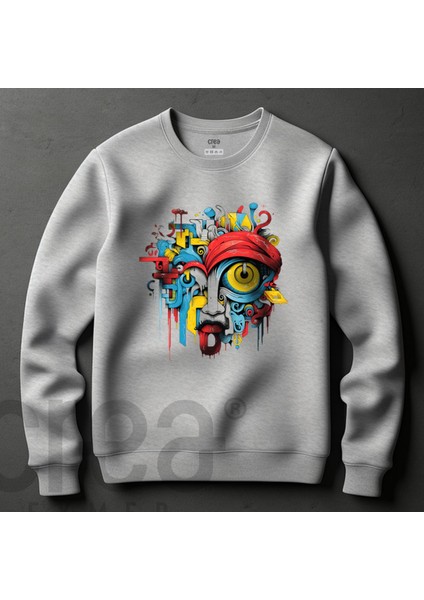 Crea Eymer Wear Picaso Art Face Illüstratif Baskılı Oversize 3 Iplik Hoodie Sweatshirt