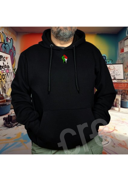 Filistin Özgür Tasarım Baskılı Oversize Hoodie Sweatshirt Siyah modelleri