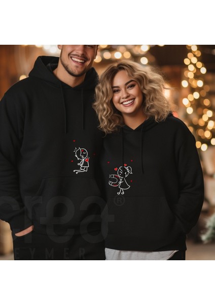 Crea Eymer Wear 14 Şubat Sevgililer Günü Çift Kombini Tema Baskılı 3 Iplik Siyah Sevgililer Günü Sweatshirt