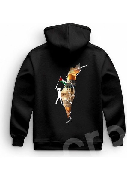 Crea Eymer Wear Filistin Özgür Tasarım Baskılı Oversize Hoodie Sweatshirt Siyah