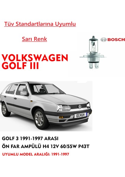 Golf 3 1991-1997 Uyumlu Arası Ön Far Ampülü Sarı Renk 60/55W