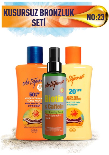 Kusursuz Bronzluk Seti No:23 Beyaz Ten SPF20 & Bronzlaştırıcı Koruyucu SPF50 & Biotin Saç Spreyi