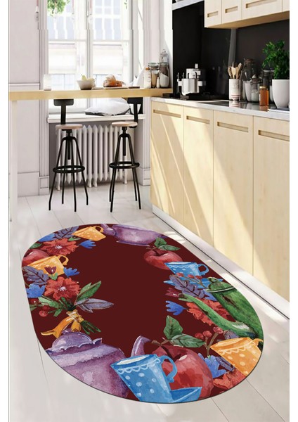 Dijital Baskılı Kaymaz Taban Renkli Fincan Motifli Oval Mutfak Halısı, O-Mutfak-25-Renkli,