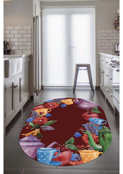 Dijital Baskılı Kaymaz Taban Renkli Fincan Motifli Oval Mutfak Halısı, O-Mutfak-25-Renkli, fiyatları