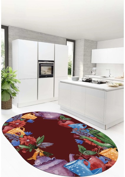 Dijital Baskılı Kaymaz Taban Renkli Fincan Motifli Oval Mutfak Halısı, O-Mutfak-25-Renkli, modelleri